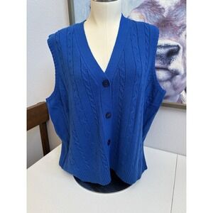 Sara Morgan Women's XL VTG Royal Blue‎ Acrylic Cable Knit Button Up Sweater Vest